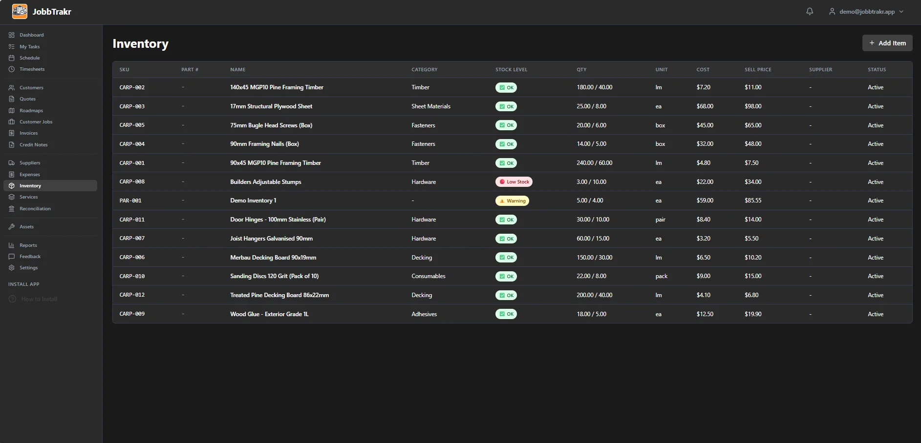 JobbTrakr inventory screen showing carpentry materials — timber, plywood, fasteners and decking — with stock levels tracked per job
