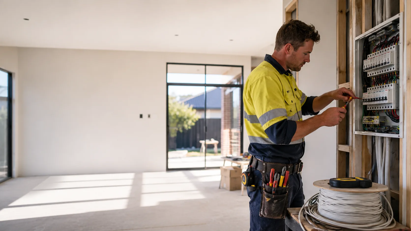 Electrician working on a switchboard on site, using JobbTrakr job management software to track the job