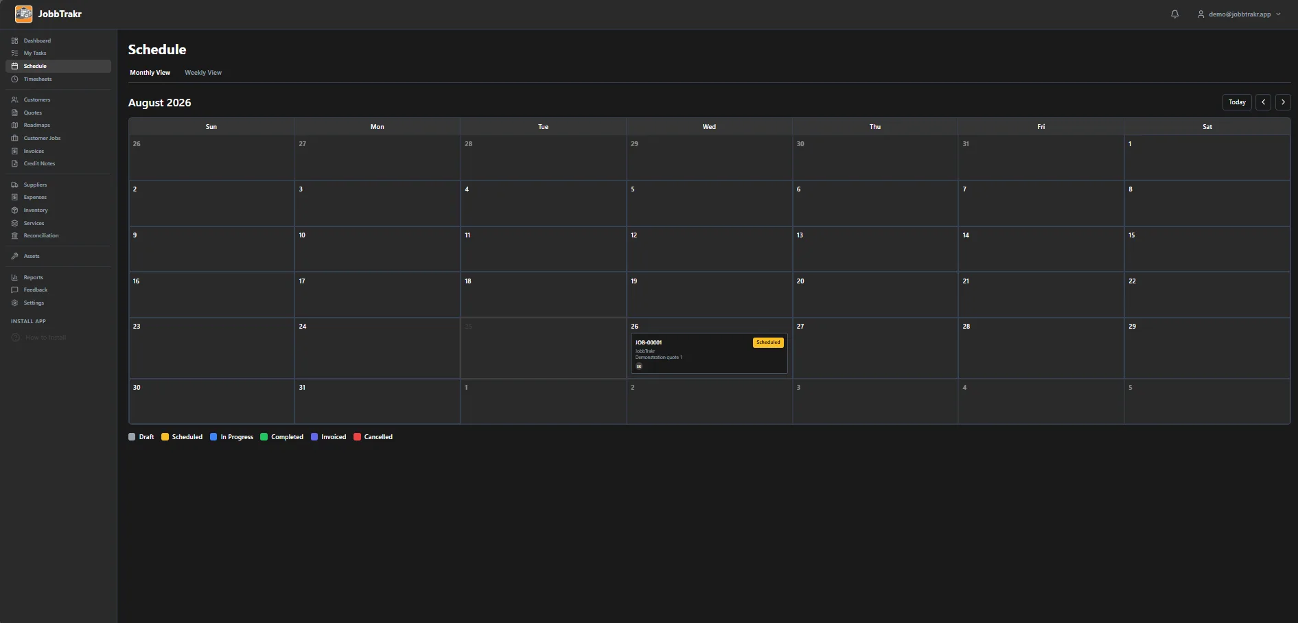 JobbTrakr scheduling calendar showing a scheduled job