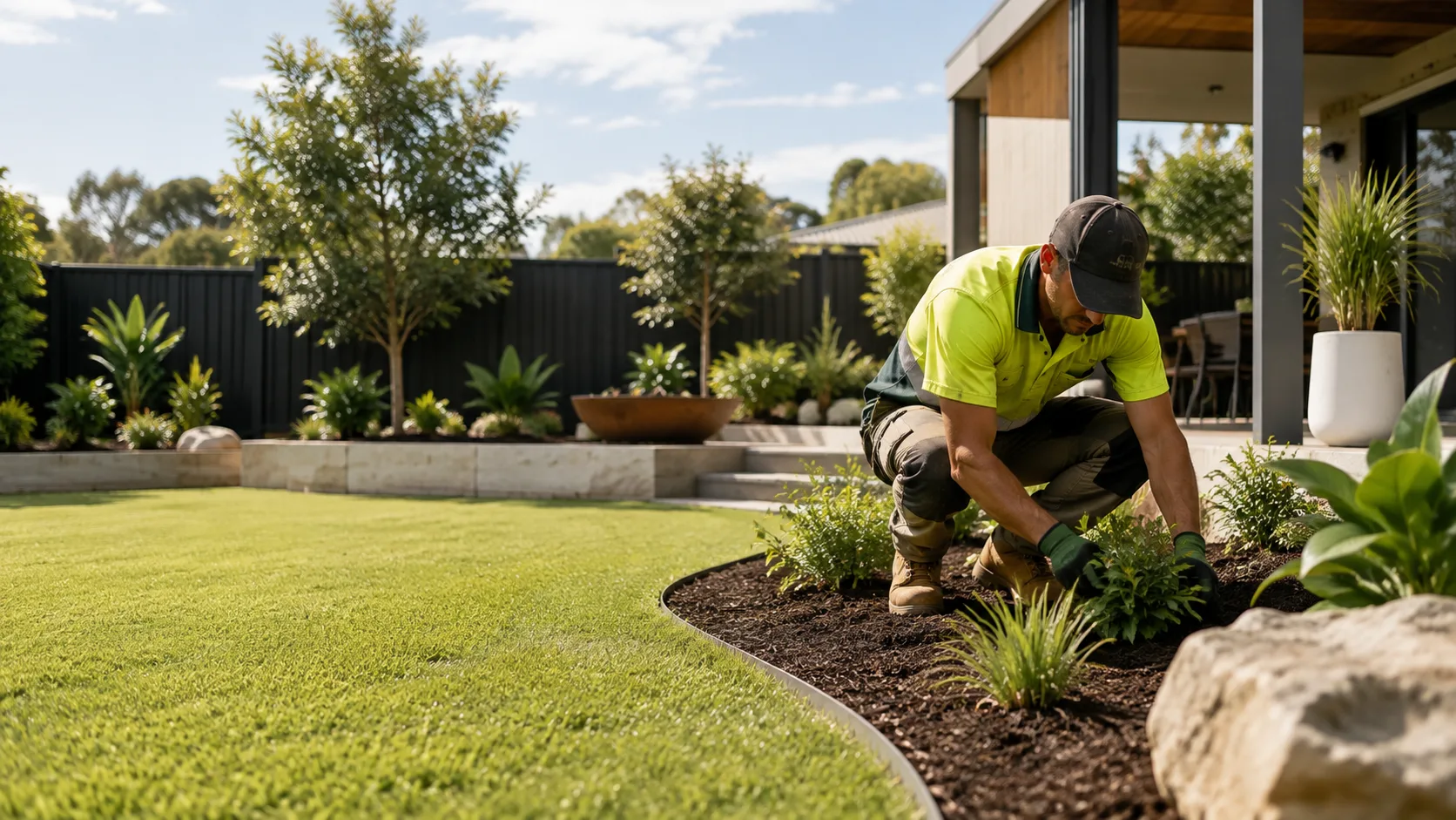 Landscaper using JobbTrakr job management software on a mobile phone on site to quote and track a landscaping job