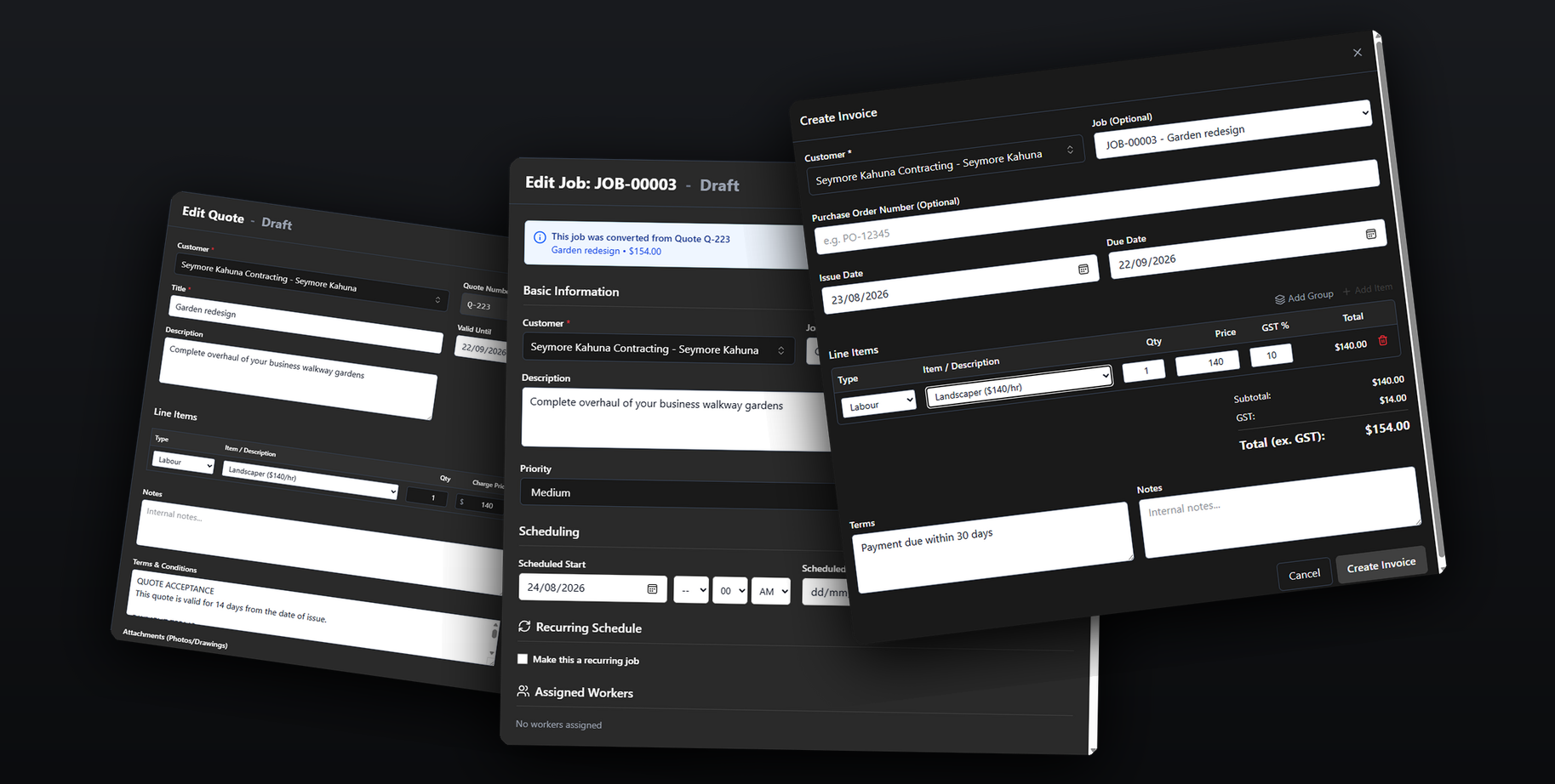 JobbTrakr quote, job, and invoice screens showing the workflow from quote approval to job scheduling to GST invoicing